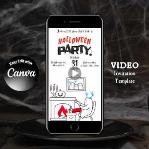 Editable Halloween Party Invitation Video Template, Halloween Cartoon Animated Mobile Invite, Text Invite, Halloween E-Invite, Digital Canva