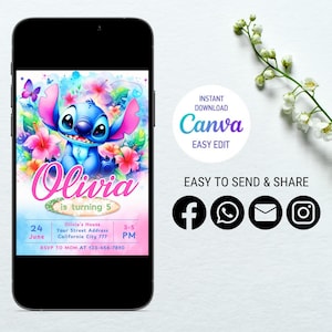 Stitch Birthday Invitation Editable Template, Canva Editable Birthday Invitation, Stitch Birthday Party Invitation, Invite Canva Template