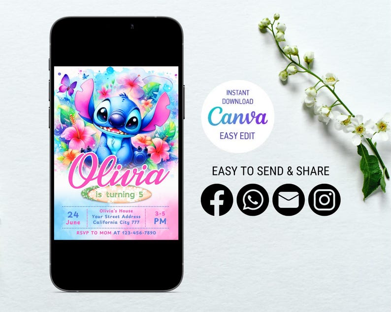 Stitch Birthday Invitation Editable Template, Canva Editable Birthday Invitation, Stitch Birthday Party Invitation, Invite Canva Template
