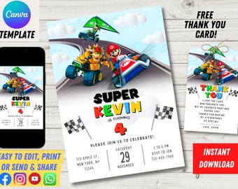 Invitación de cumpleaños de Kart editable digital, Kart Evite, editable en Canva descarga imprimible, invitación de cumpleaños de videojuegos para niños, tarjeta de agradecimiento