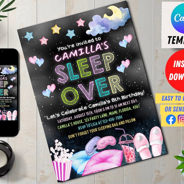 Editable Sleepover Invitation Slumber Party Invitation Sleepover Birthday Invitation Pajama Party Neon Glow Sleepover Party Editable Canva