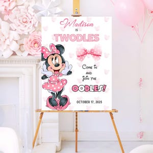 Minnie Maus TwoDles Oodles Geburtstag Willkommensschild Vorlage | Bearbeitbares druckbares Party Schild | Canva Digitaler Download | Mädchen-Geburtstags-Dekor