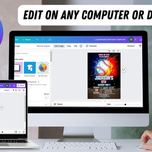 May include: A computer screen displaying the Canva website with a baseball-themed birthday invitation template. The invitation features a baseball with flames and the text "Jackson's 9th Birthday Party". The text "Edit on any computer or device" is displayed above the screen.