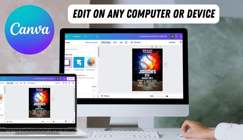 May include: A computer screen displaying the Canva website with a baseball-themed birthday invitation template. The invitation features a baseball with flames and the text "Jackson's 9th Birthday Party". The text "Edit on any computer or device" is displayed above the screen.