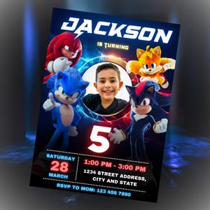 May include: A birthday party invitation featuring the name "JACKSON" in white, with the text "IS TURNING" above a large number "5". The invitation includes images of Sonic the Hedgehog and other characters. The date is March 28th, with the time and address details below.
