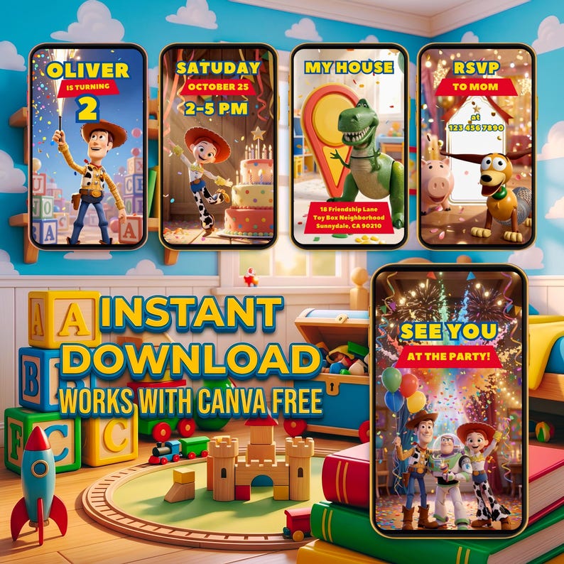May include: Five digital invitation templates featuring Toy Story characters including Woody, Jessie, Rex, Slinky Dog, and Buzz Lightyear. The designs include text fields for party details like name, age, date, time, location, and RSVP information.
