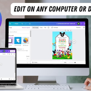 May include: A computer screen displaying a Canva design template for a Mickey Mouse themed birthday invitation. The template features a colorful design with Mickey Mouse and his friends. The text on the invitation reads "Oliver's 5th Birthday".