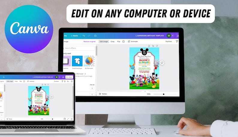 May include: A computer screen displaying a Canva design template for a Mickey Mouse themed birthday invitation. The template features a colorful design with Mickey Mouse and his friends. The text on the invitation reads "Oliver's 5th Birthday".