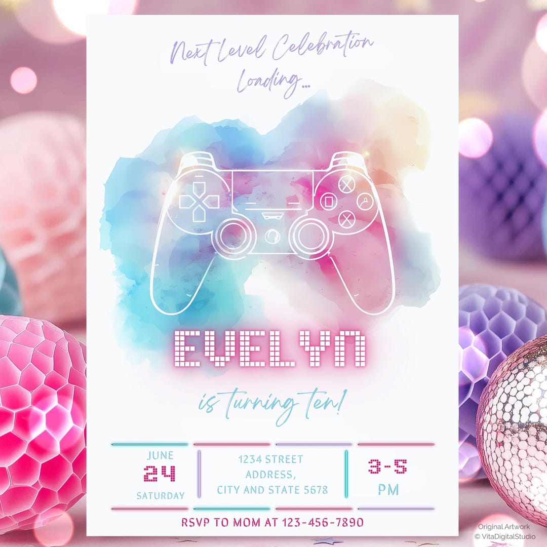 Editable Video Game Girls Invitation | Watercolor Pastel Gamer Birthday ...