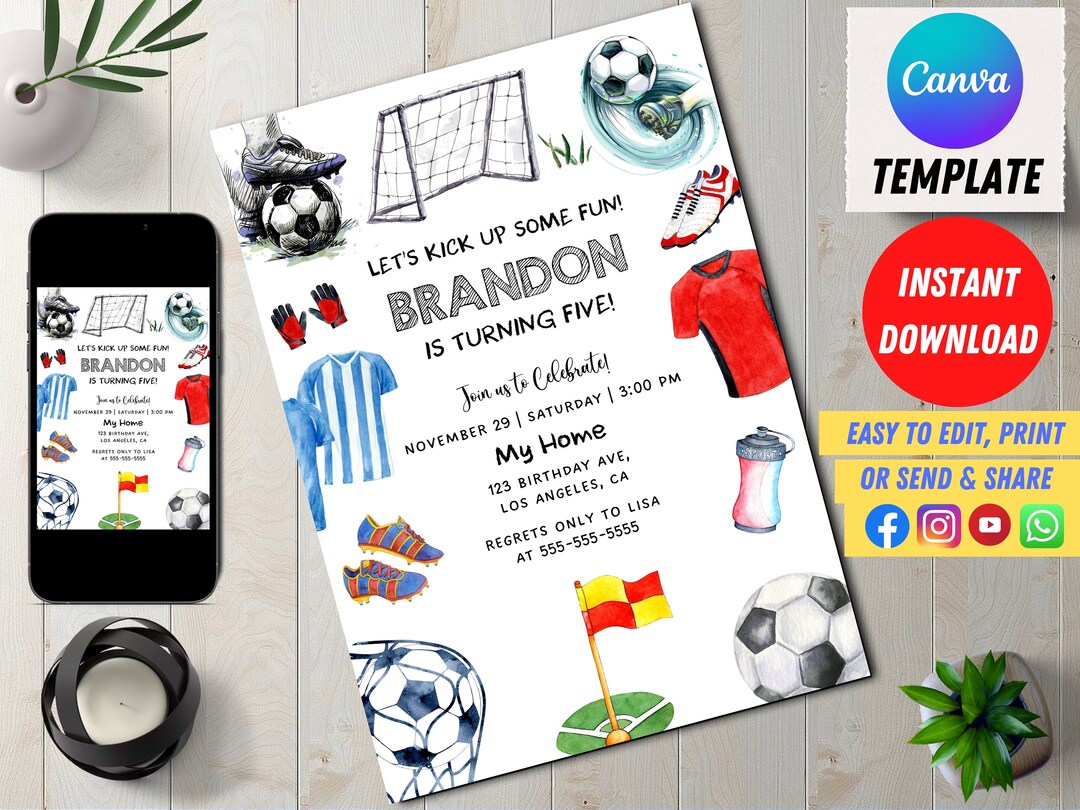 Editable Soccer Birthday Invitation Digital, Soccer Party Invite ...