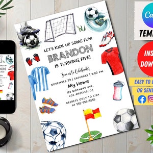 Editable Soccer Birthday Invitation Digital, Soccer Party Invite, Football Birthday Evite, Editable in Canva Printable Download, Soccer