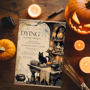 May include: Halloween party invitation with the text "We are just dying to party with you." The invitation features a black cat, pumpkins, candles, and a spooky illustration. The event is hosted by the Anderson's family.