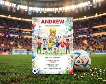 May include: A rectangular birthday invitation card featuring a cartoon illustration of six soccer players and a gold trophy. The text reads ANDREW is turning nine! Join us to celebrate! SATURDAY | JUNE 28TH AT 3:00 PM 123 ANYWHERE STREET, NORTON, CA 4567.