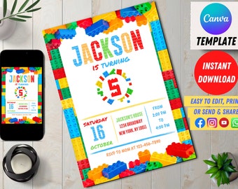 Building Blocks Birthday Invitation | Building Bricks Kids Birthday Party Invite | Printable Editable Canva Template | Editable Invitation