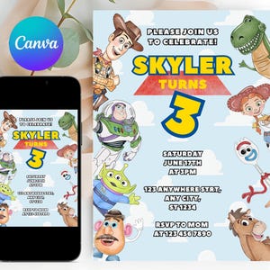 Op de afbeelding: Een blauwe en witte verjaardagsuitnodiging met een cartoonafbeelding van personages uit de Toy Story-film. De uitnodiging luidt "Kom gezellig meevieren! Skyler wordt 3" en bevat de datum, tijd en locatie van het feest. RSVP-informatie is ook inbegrepen.