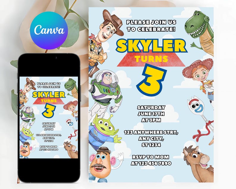 Op de afbeelding: Een blauwe en witte verjaardagsuitnodiging met een cartoonafbeelding van personages uit de Toy Story-film. De uitnodiging luidt "Kom gezellig meevieren! Skyler wordt 3" en bevat de datum, tijd en locatie van het feest. RSVP-informatie is ook inbegrepen.