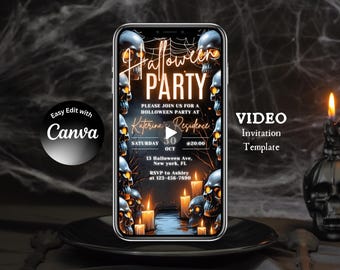 Halloween Party Video Invitation | Gothic Skulls Themed Phone Invite | Editable Canva Template
