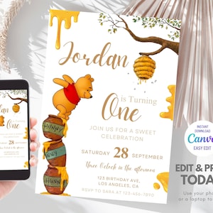 Invito di compleanno modificabile di Winnie the Pooh, modello classico di invito di Winnie the Pooh, invito digitale dell'orso Pooh con vaso di miele Hunny