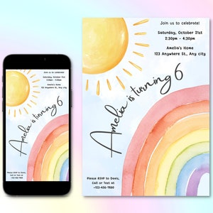 Watercolor Rainbow Birthday Party Invitation Template, Colorful Party Invite, Girls Party Invites, Digital E-Invite, Editable Canva Template