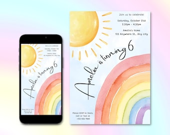 May include: A birthday invitation with a watercolor rainbow and sun. The text reads "Amelia is turning 6".