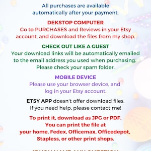 May include: A blue and white graphic with the text "HOW CAN YOU GET IT?" and instructions on how to download digital files purchased on Etsy. The text includes information about downloading files from a desktop computer, checking out as a guest, using a mobile device, and using the Etsy app. The graphic also includes information about printing files as JPG or PDF.