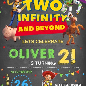 Two Infinity and Beyond Birthday Invitation 2nd Birthday Toy Kids Birthday Party Invite Digital Canva Template Toys Editable Canva image 2