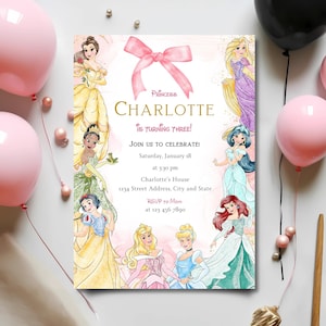 Invitation d'anniversaire princesse aquarelle, invitation d'anniversaire de filles, modèle de toile modifiable, invitation imprimable, invitation numérique toutes les princesses