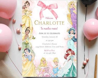 Watercolor Princess Birthday Invitation, Girls Birthday Invite, Editable Canva Template, Printable Invite, All Princesses Digital Invitation