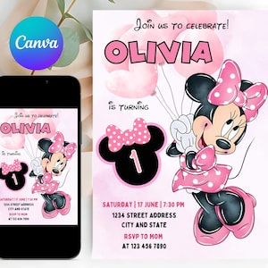 Convite de aniversário editável da Minnie Mouse, aniversário da Minnie Mouse, 1º aniversário, convite de aniversário rosa aquarela, convites para meninas da Minnie