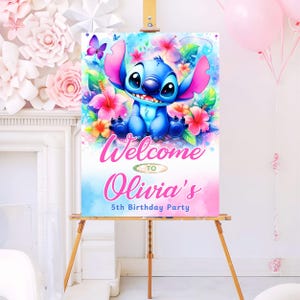 Stitch Geburtstag Willkommensschild Vorlage | Bearbeitbares druckbares Party Schild | Canva Digitaler Download | Mädchen-Geburtstags-Dekoration