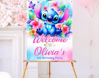 Stitch Birthday Welcome Sign Template | Editable Printable Party Sign | Canva Digital Download | Girl Birthday Decoration