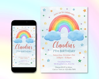 Watercolor Rainbow Birthday Party Invitation Template, Rainbow Stars Cloud Party Invite, Digital E-Invite, Editable Canva Template