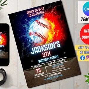 May include: Baseball-themed birthday party invitation with a baseball on fire and water, with the text "Jackson's 9th Birthday Party!" and details for the party, including date, time, and RSVP information.