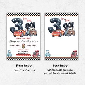 Puede incluir: Una invitaci&oacute;n de cumplea&ntilde;os con un dise&ntilde;o que presenta el n&uacute;mero 3, coches de carreras y las palabras "two, one, GO!". La invitaci&oacute;n incluye el texto "Grayson's 3rd Birthday!" y los detalles del evento. El tama&ntilde;o es de 12,7 x 17,8 cm.