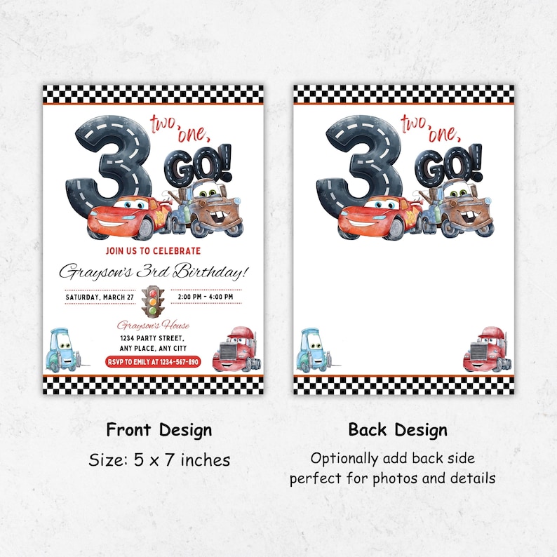 Puede incluir: Una invitaci&oacute;n de cumplea&ntilde;os con un dise&ntilde;o que presenta el n&uacute;mero 3, coches de carreras y las palabras "two, one, GO!". La invitaci&oacute;n incluye el texto "Grayson's 3rd Birthday!" y los detalles del evento. El tama&ntilde;o es de 12,7 x 17,8 cm.