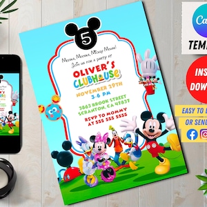 May include: A blue and red invitation for a Mickey Mouse themed birthday party. The invitation features Mickey Mouse and his friends, including Minnie Mouse, Donald Duck, and Goofy. The text on the invitation reads "Oliver's Clubhouse" and "November 29th, 3-6 PM".