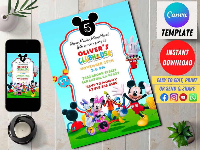 May include: A blue and red invitation for a Mickey Mouse themed birthday party. The invitation features Mickey Mouse and his friends, including Minnie Mouse, Donald Duck, and Goofy. The text on the invitation reads "Oliver's Clubhouse" and "November 29th, 3-6 PM".