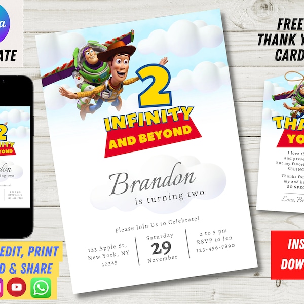 Two Infinity and Beyond Cloud Birthday Invitation | 2nd Birthday Toy Kids Birthday Digital Invite | Editable Canva | Toys | Thank You Card