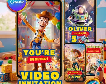 Convite de aniversário em vídeo do Toy Story, convite para festa do Woody, Buzz e Jessie, modelo editável do Canva, download digital animado para qualquer idade.