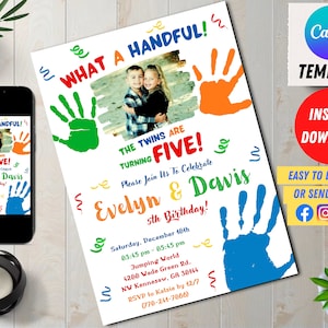 Editable Handful Fifth Birthday Party Invitation for Twin, 5th Birthday Evite, Age 5 Digital Invites, Watercolor Colorful, Editable Canva