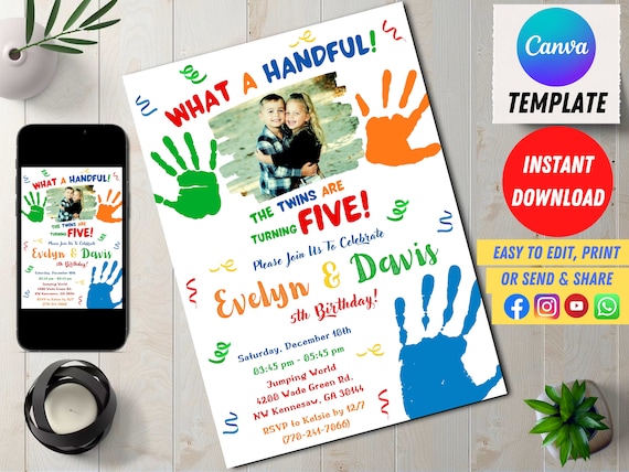 Editable Handful Fifth Birthday Party Invitation for Twin, 5th Birthday Evite, Age 5 Digital Invites, Watercolor Colorful, Editable Canva