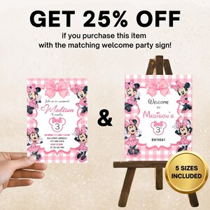 Editable Pink Minnie Mouse Birthday Invitation, Watercolor Girls Birthday Invitation, Printable Invitation, Pink Minnie Invitation, Canva image 2