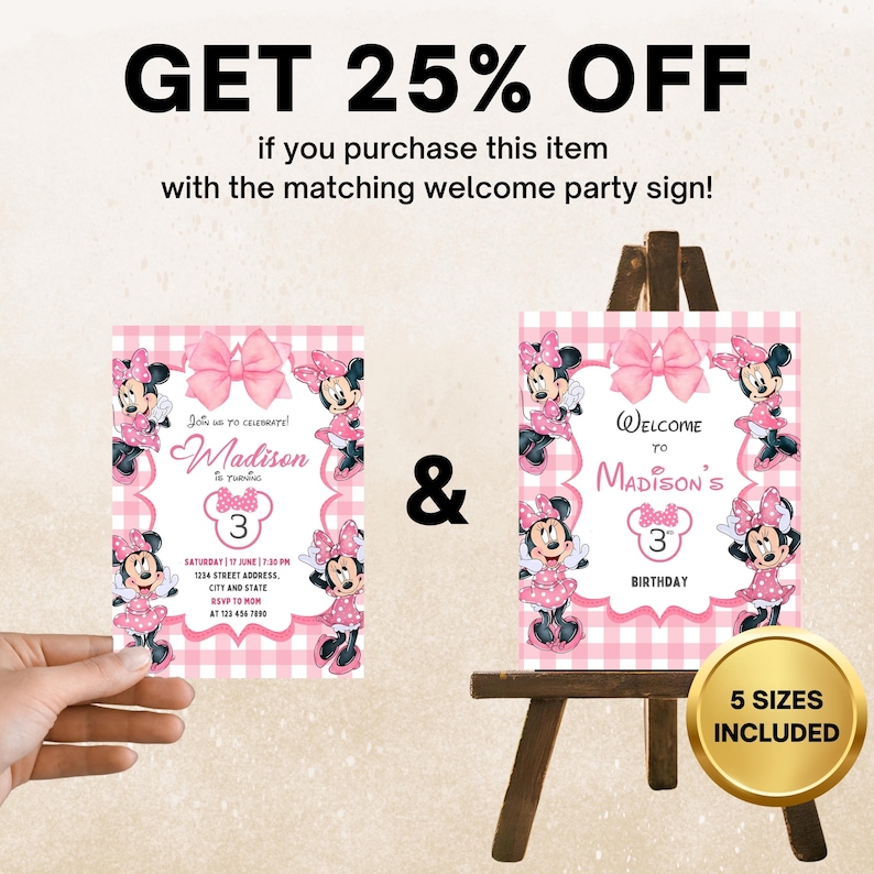 Editable Pink Minnie Mouse Birthday Invitation, Watercolor Girls Birthday Invitation, Printable Invitation, Pink Minnie Invitation, Canva image 2