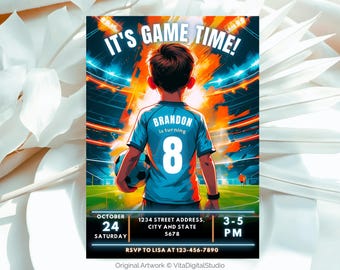 May include: A digital invitation with the text "IT'S GAME TIME!" features a boy in a blue soccer jersey with the number 8. The invitation includes event details: October 24, Saturday, 3-5 PM, and an address and RSVP information.