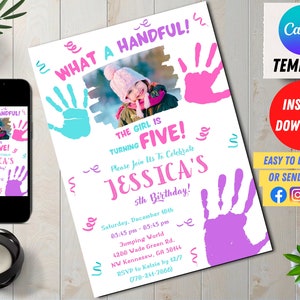 Editable Handful Fifth Birthday Party Invitation for Girl, 5th Birthday Evite, Age 5 Digital Invites, Watercolor Colorful, Editable Canva