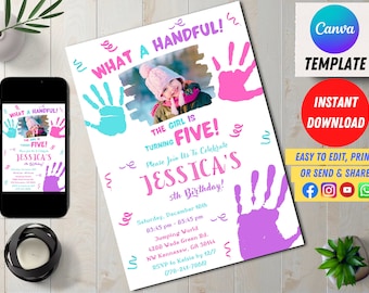 Editable Handful Fifth Birthday Party Invitation for Girl, 5th Birthday Evite, Age 5 Digital Invites, Watercolor Colorful, Editable Canva