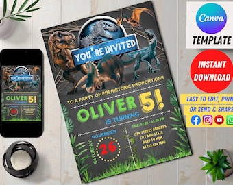 Editable Dinosaur Birthday Invitation Digital, Evite, Editable in Canva Printable Download, Dinosaurs Birthday Invites, Trex Party