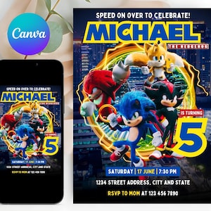 Sonic Geburtstagseinladung, Super Igel Jungen Party einladen, Super Sonic Party Einladung, Bearbeitbare Sonic Invite Vorlage, Canva Vorlage