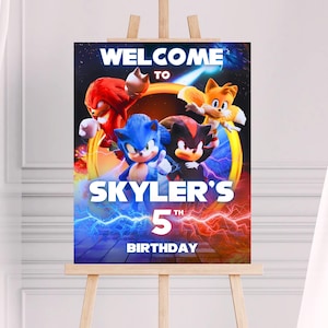 May include: A birthday sign with Sonic the Hedgehog characters. The sign says "WELCOME TO SKYLER'S 5TH BIRTHDAY" with images of Sonic, Tails, Knuckles, and Shadow. The sign is displayed on a wooden easel, with a colorful background.