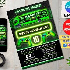 Invitation de fête de camion de joueur, carte d'invitation d'anniversaire de bus de jeu de jeu vidéo modifiable, invitation imprimable numérique, canva modifiable, lueur verte